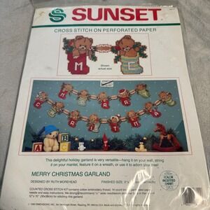 Vintage 1990 Sunset Dimensions Merry Christmas Garland Cross Stitch Kit Bears‎